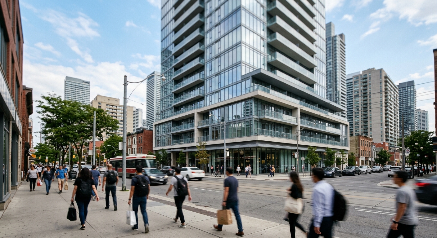 Exterior of a modern glass residential condominium tower in a dense Manhattan neighborhood.