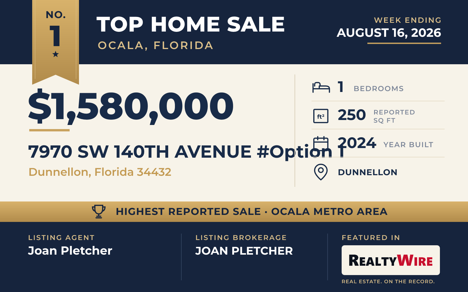 Top home sale No. 1 in the Ocala, Florida metro area β 7970 SW 140th Avenue #Option 1, Dunnellon, Florida, week ending August 16, 2026