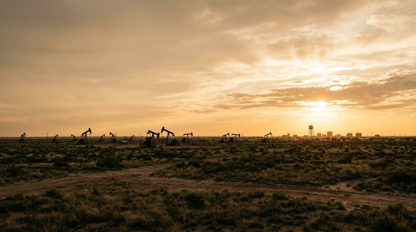 Odessa, TX — West Texas landscape at with a flat horizon under a big open sky, silhouetted oil pump jacks scattered across