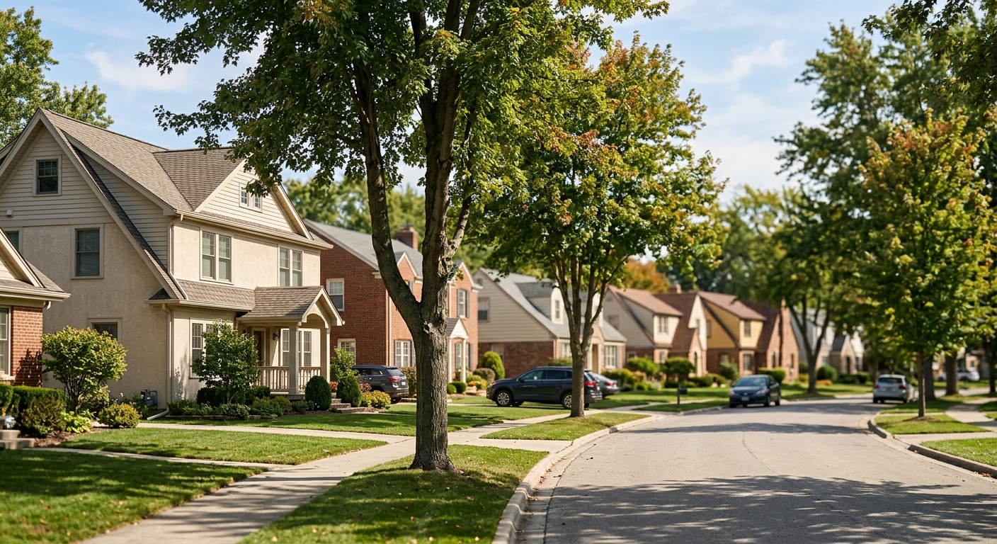 Rows of suburban single-family homes in a Midwestern neighborhood, illustrating rising property tax pressure on homeowners.