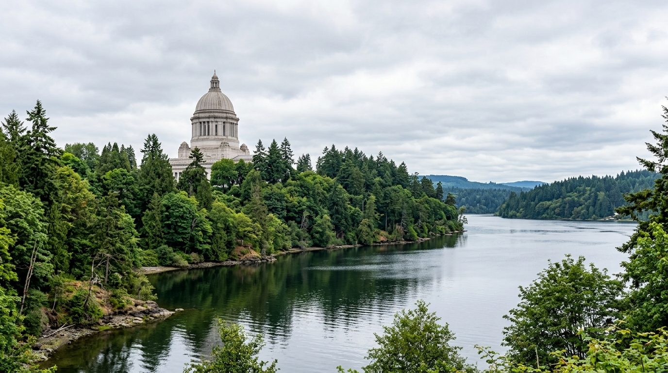 Olympia, WA — Landscape of the Washington State Capitol dome rising above forested hills beside the calm, tree-lined waters