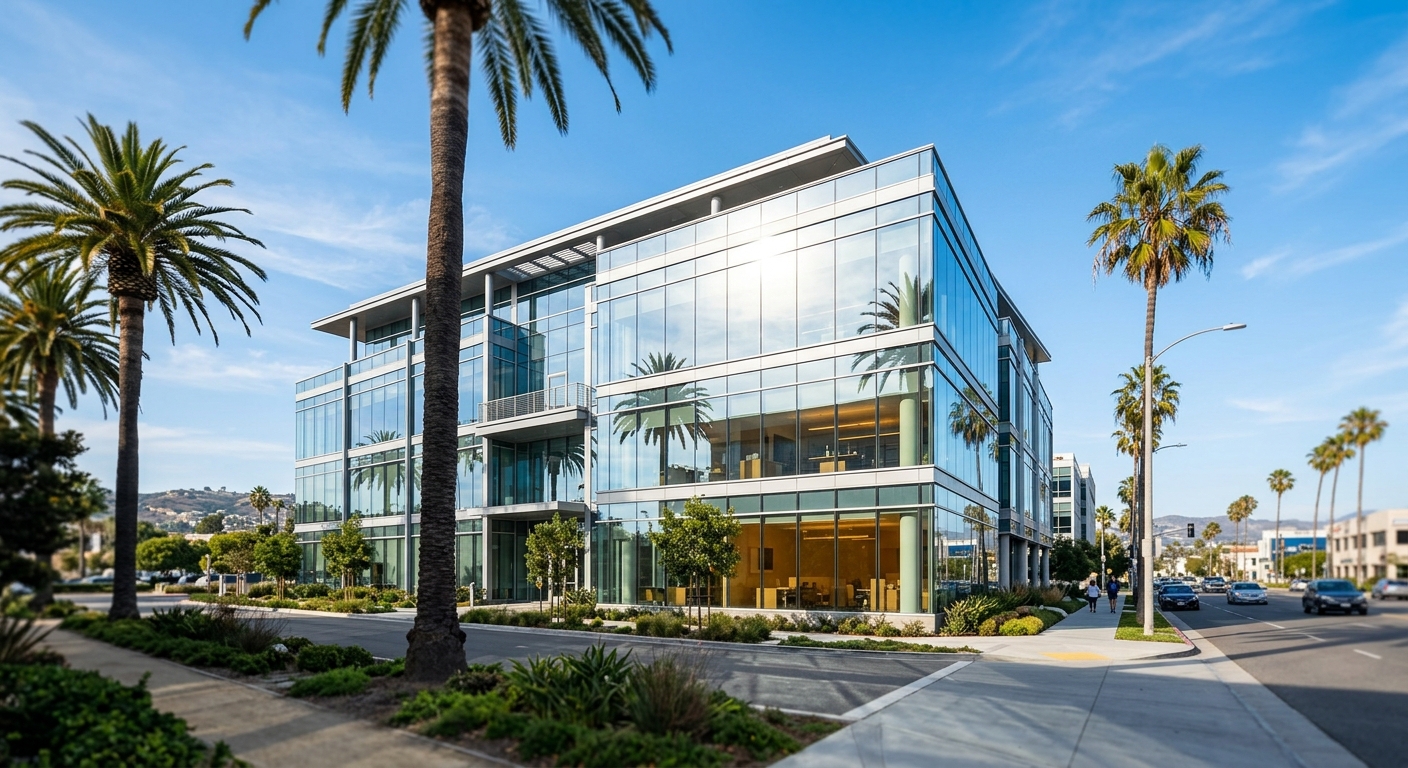 Exterior of a modern glass office building in a Southern California coastal business district under a clear sky.