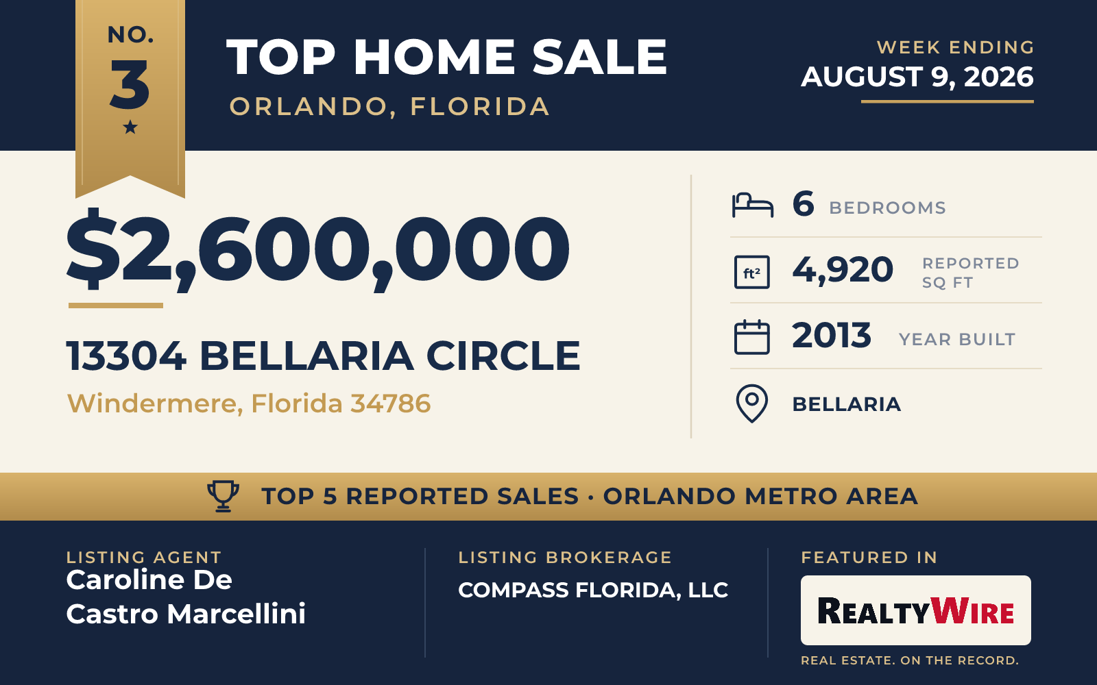 Top home sale No. 3 in the Orlando, Florida metro area — 13304 BELLARIA CIRCLE, Windermere, Florida, week ending August 9, 2026