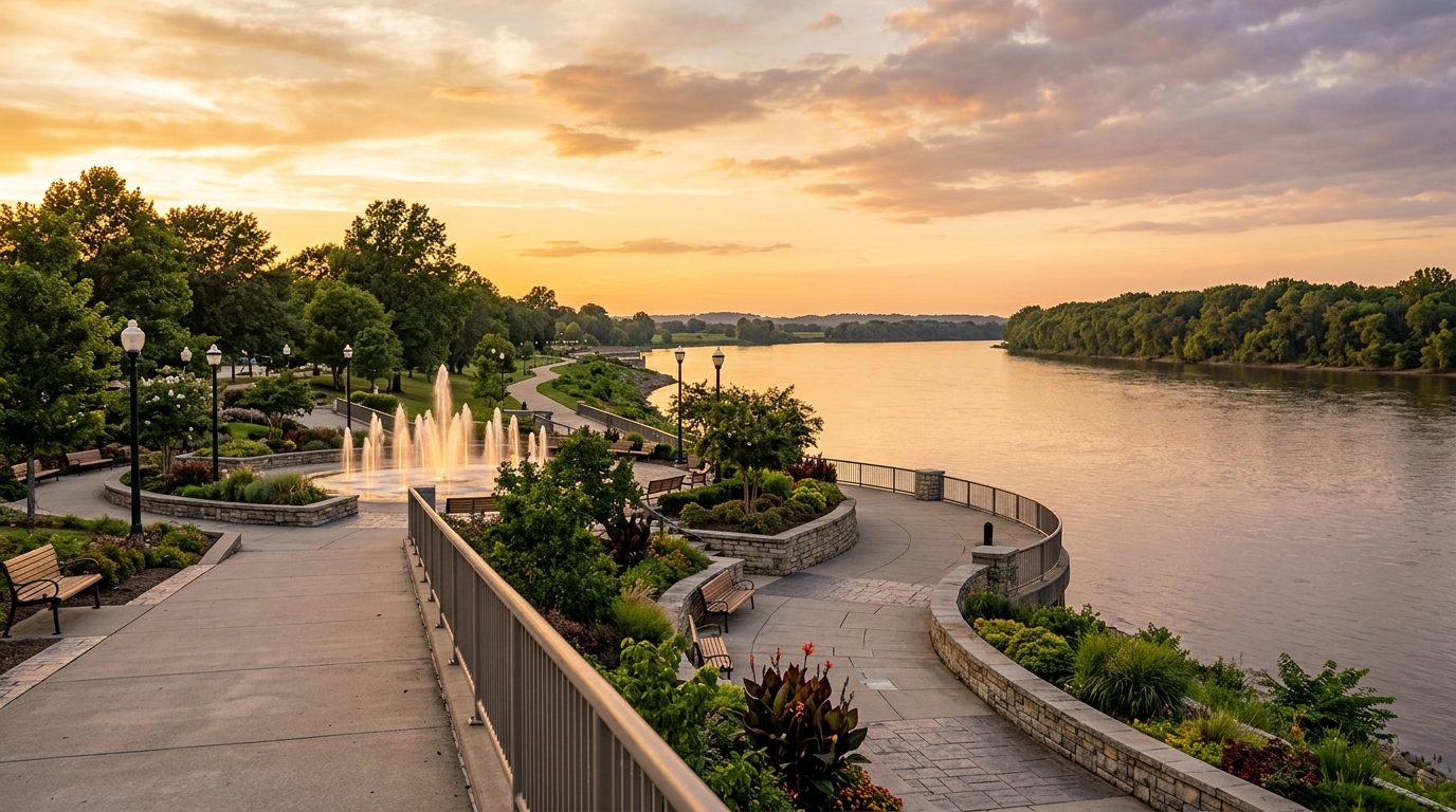 Owensboro, KY — Owensboro, Kentucky riverfront along the Ohio River at showing a landscaped park promenade, fountains, and a