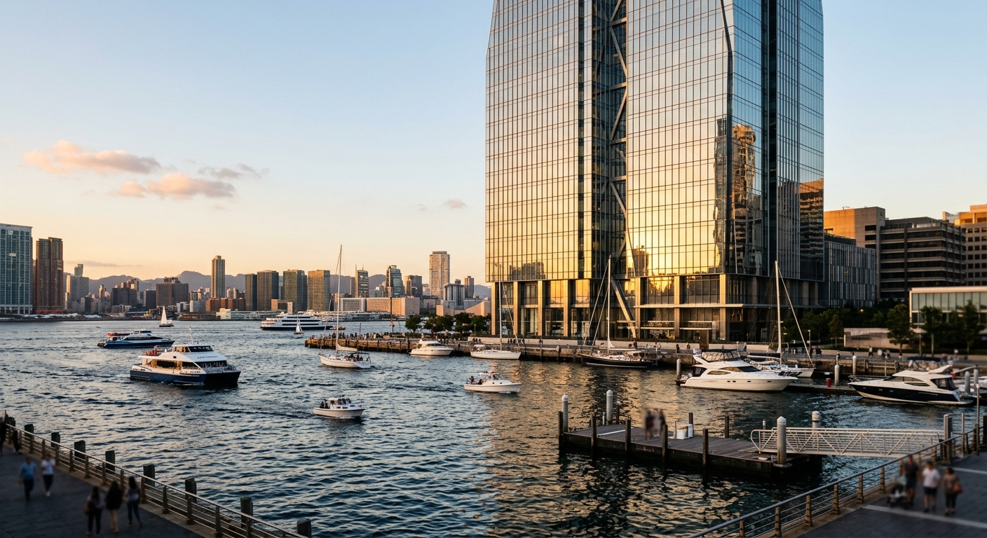 A modern glass office tower on an urban waterfront with harbor water in the foreground.