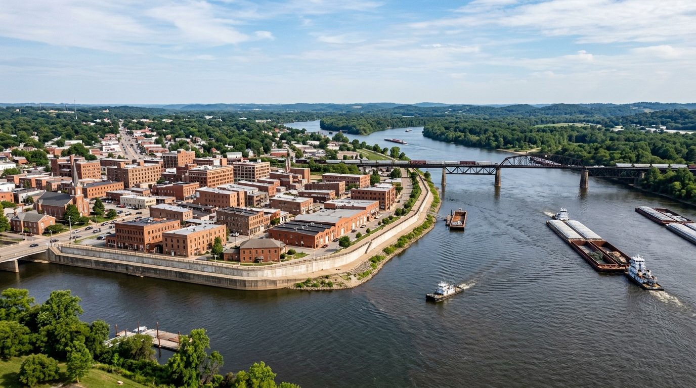 Paducah, KY — Small river city at the confluence of two rivers, with a historic brick downtown, a long riverside floodwall,