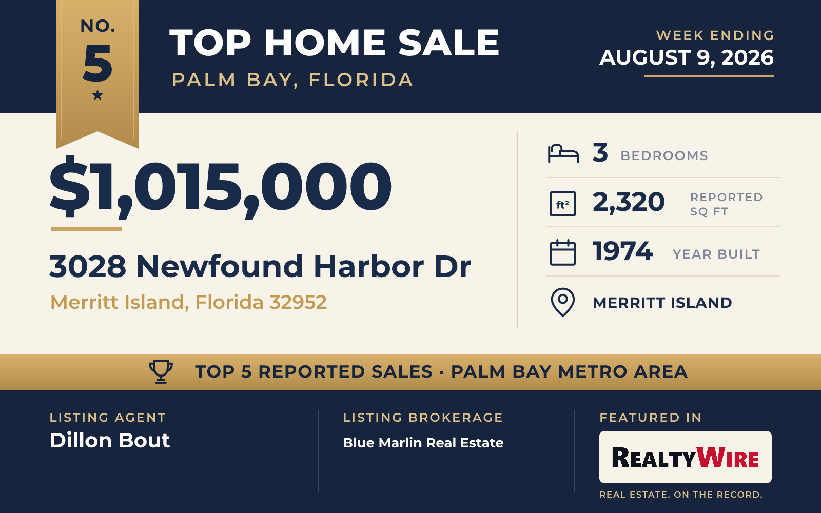 Top home sale No. 5 in the Palm Bay, Florida metro area β 3028 Newfound Harbor Dr, Merritt Island, Florida, week ending August 9, 2026
