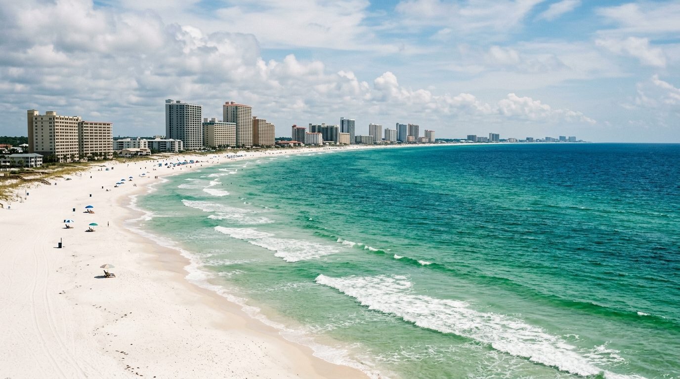 Panama City, FL — Panama City Beach's white-sand shoreline and emerald Gulf waters curving toward a distant St