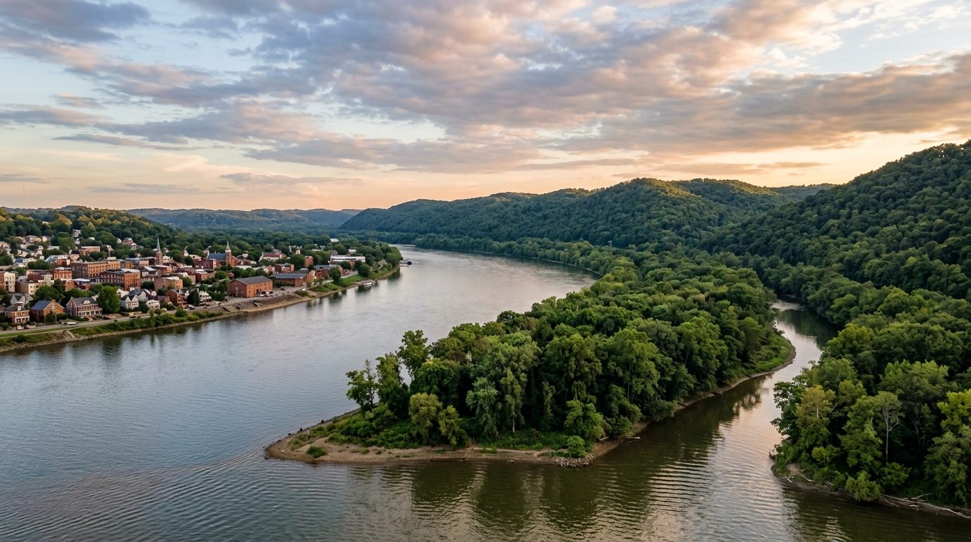 Parkersburg, WV — Ohio River at the confluence with a wooded Appalachian valley, historic riverfront buildings in the distance,
