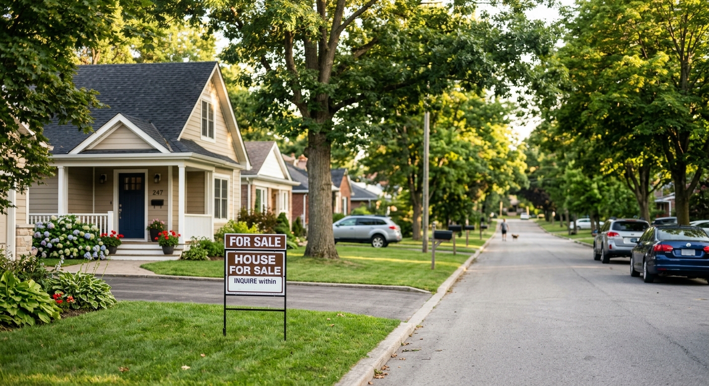 A suburban street of single-family homes with a for-sale sign in the front yard under late-summer light.