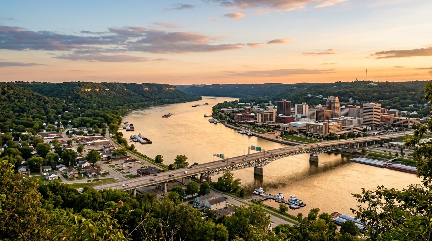 Peoria, IL — Illinois River valley at with wooded limestone bluffs rising above the water, a bridge spanning the river