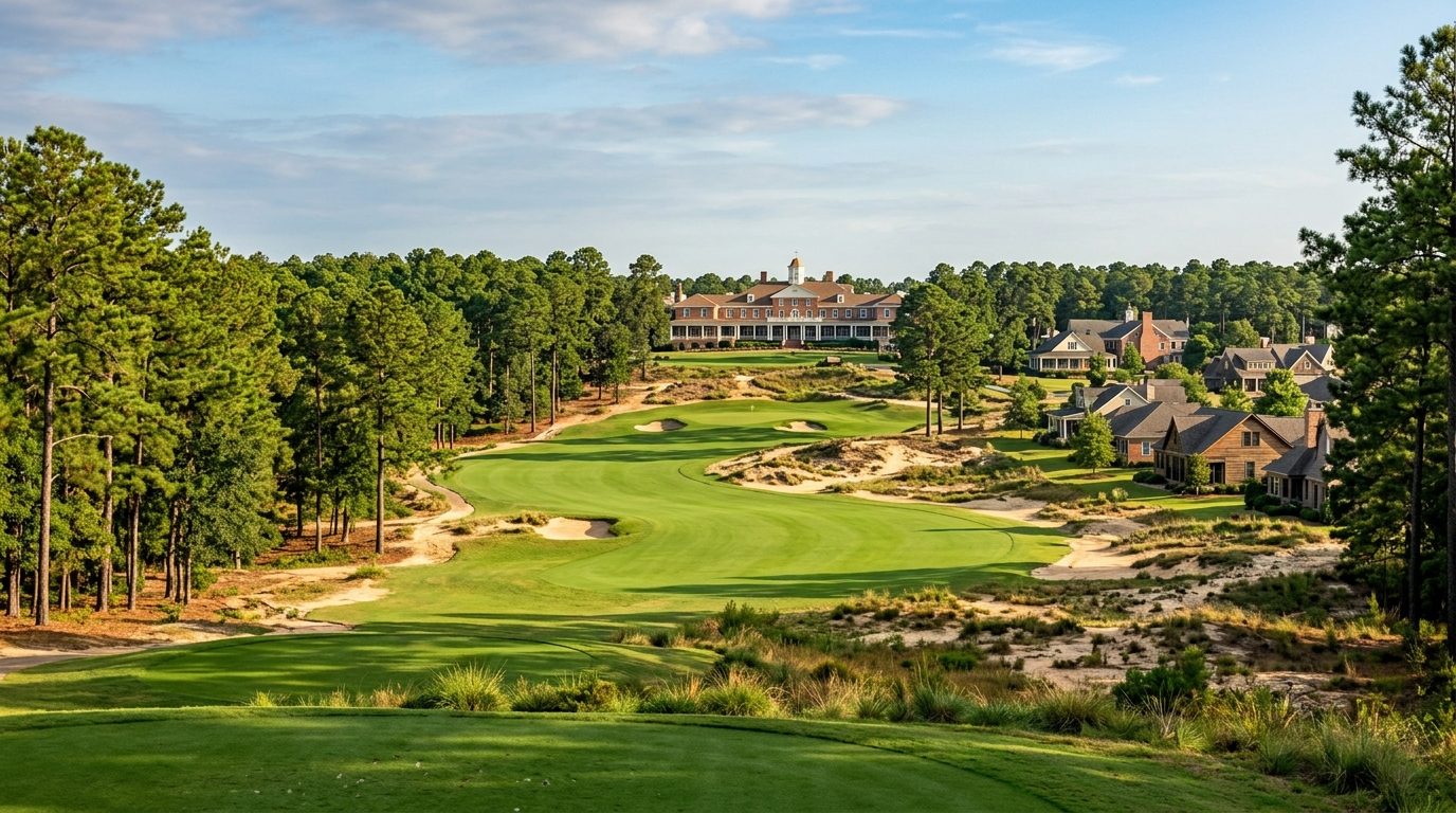 Pinehurst, NC — Sandhills golf resort village among longleaf pine forest, with manicured fairways, sandy soil visible at the