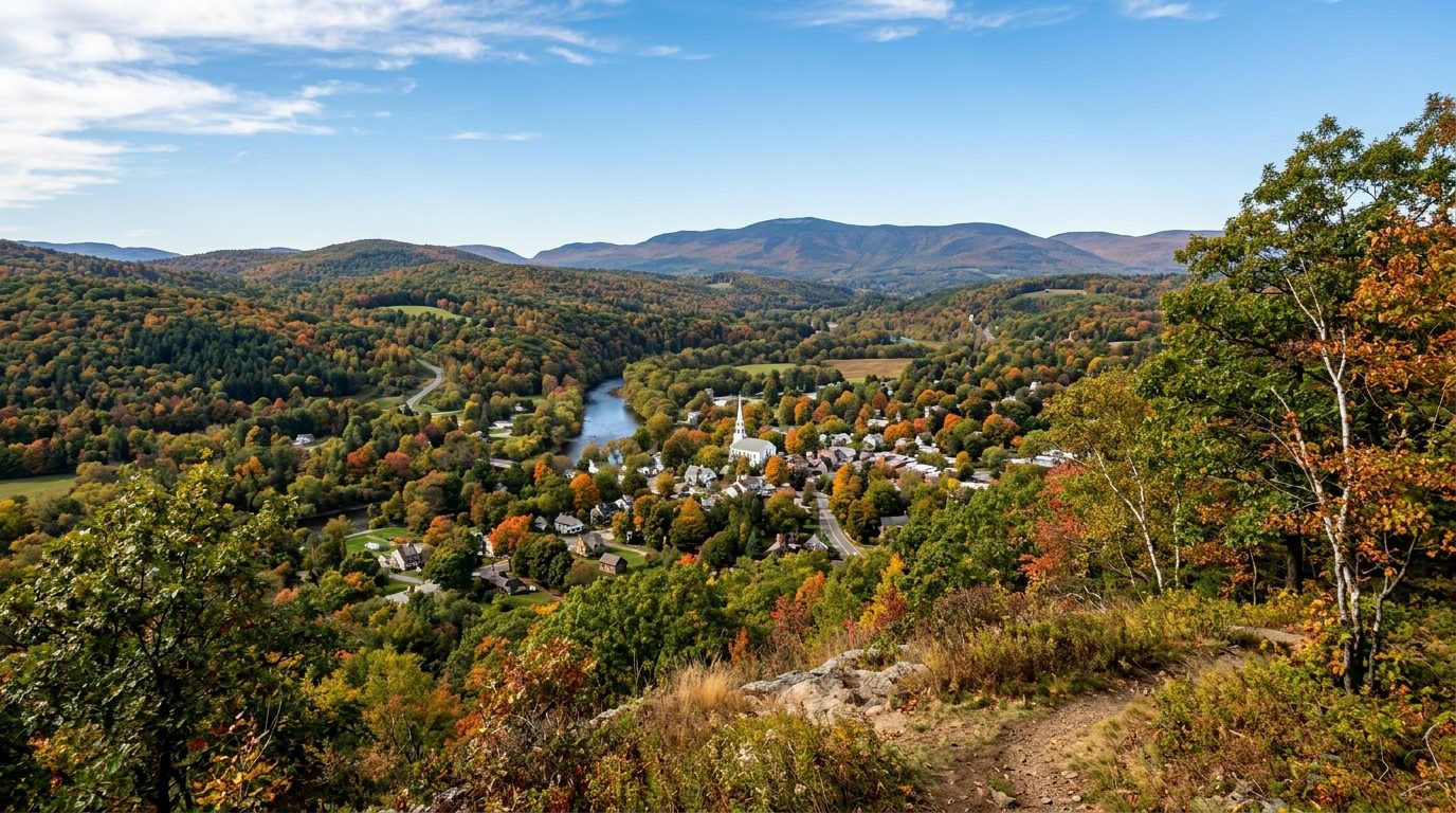 Pittsfield, MA — Landscape of rolling forested Berkshire Hills in early autumn with a white-steepled New England village