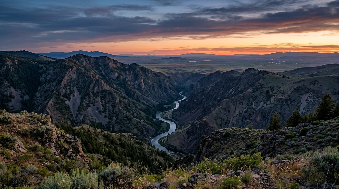 Pocatello, ID — Portneuf River canyon cutting through the Bannock Range with the Snake River Plain opening beyond, mountain