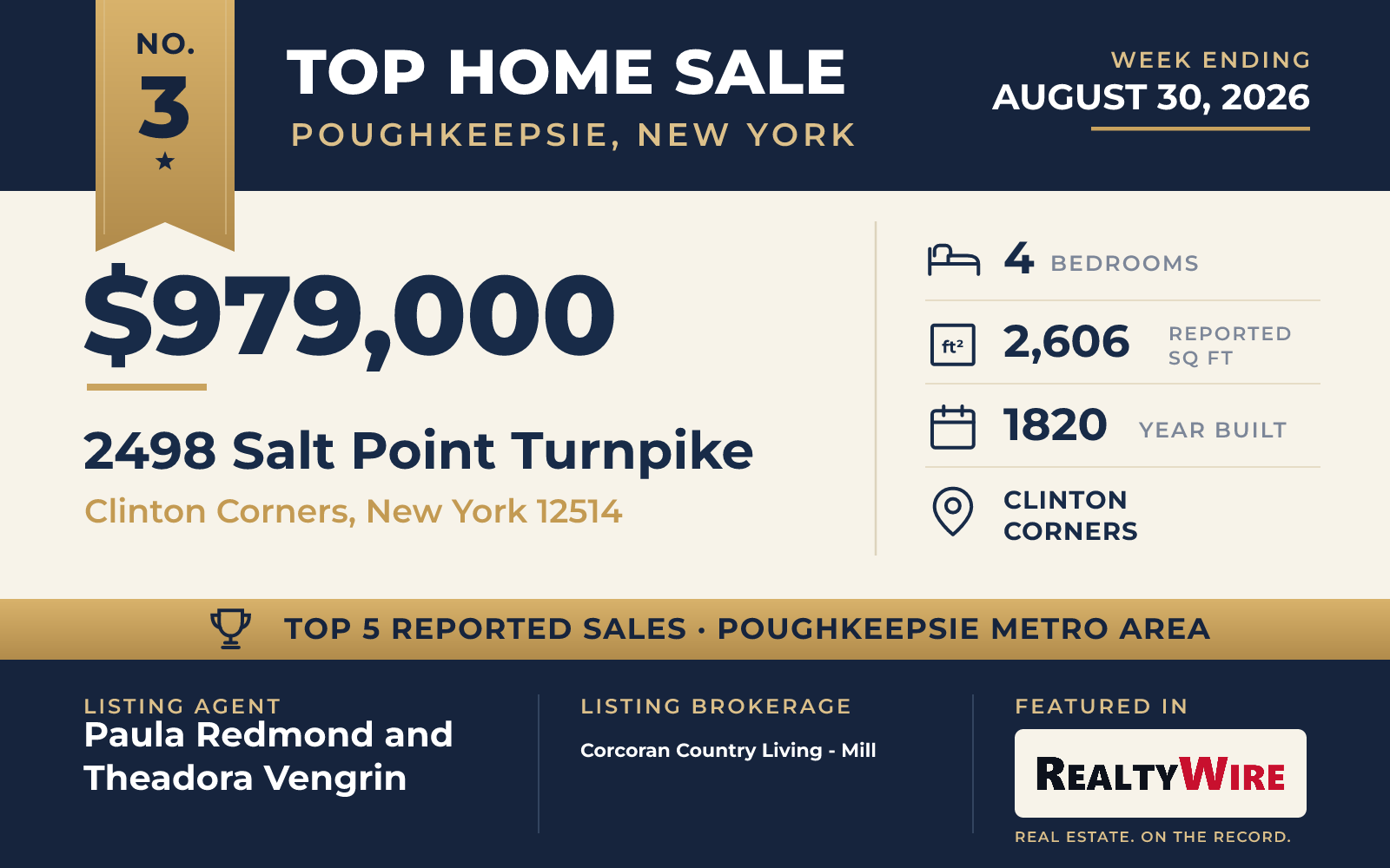 Top home sale No. 3 in the Poughkeepsie, New York metro area β 2498 Salt Point Turnpike, Clinton Corners, New York, week ending August 30, 2026