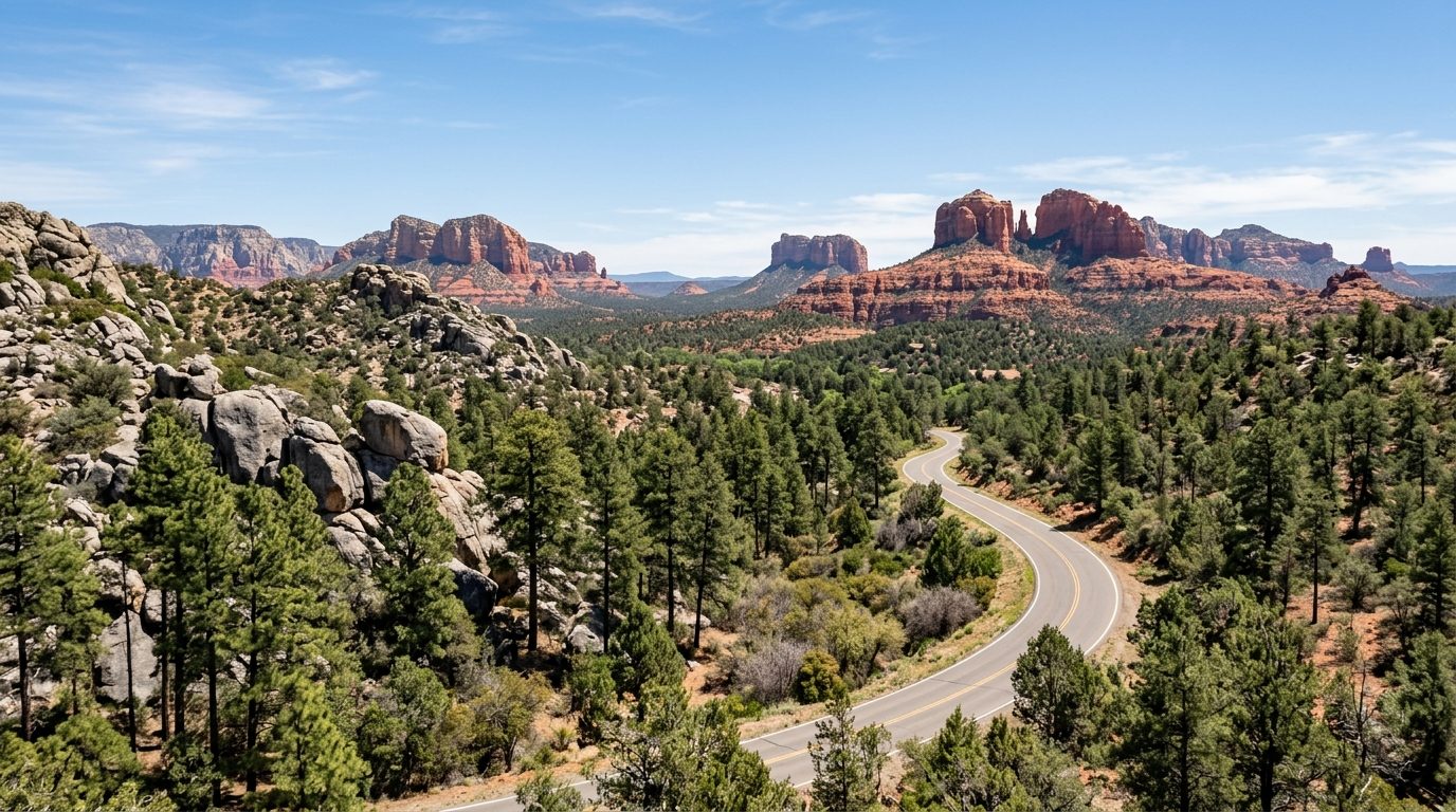 Prescott Valley, AZ — Red rock buttes near Sedona giving way to granite boulder formations and ponderosa pine forest around