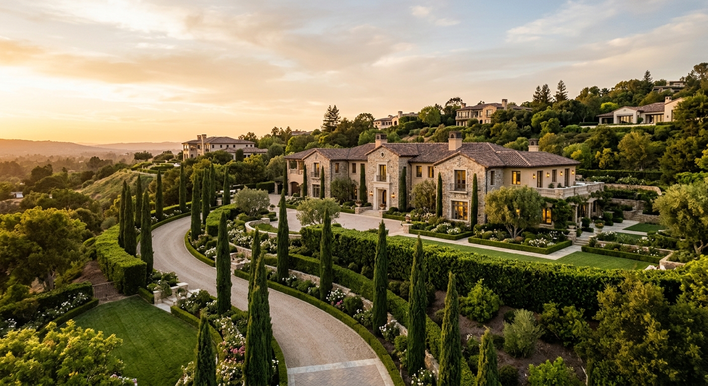 A grand luxury estate with manicured gardens in an exclusive hillside neighborhood at golden hour.