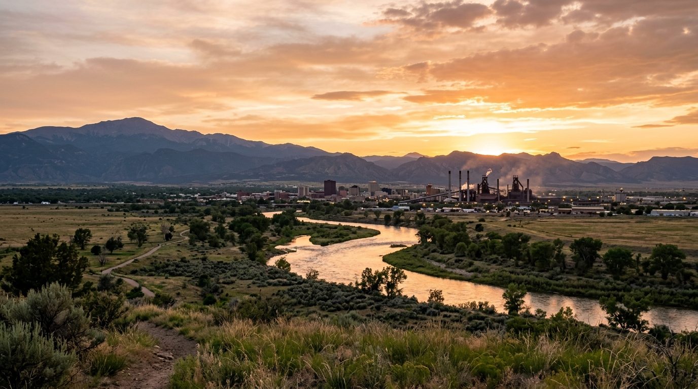 Pueblo, CO — Arkansas River valley at with the Pueblo skyline and distant steel mill stacks set against high plains and