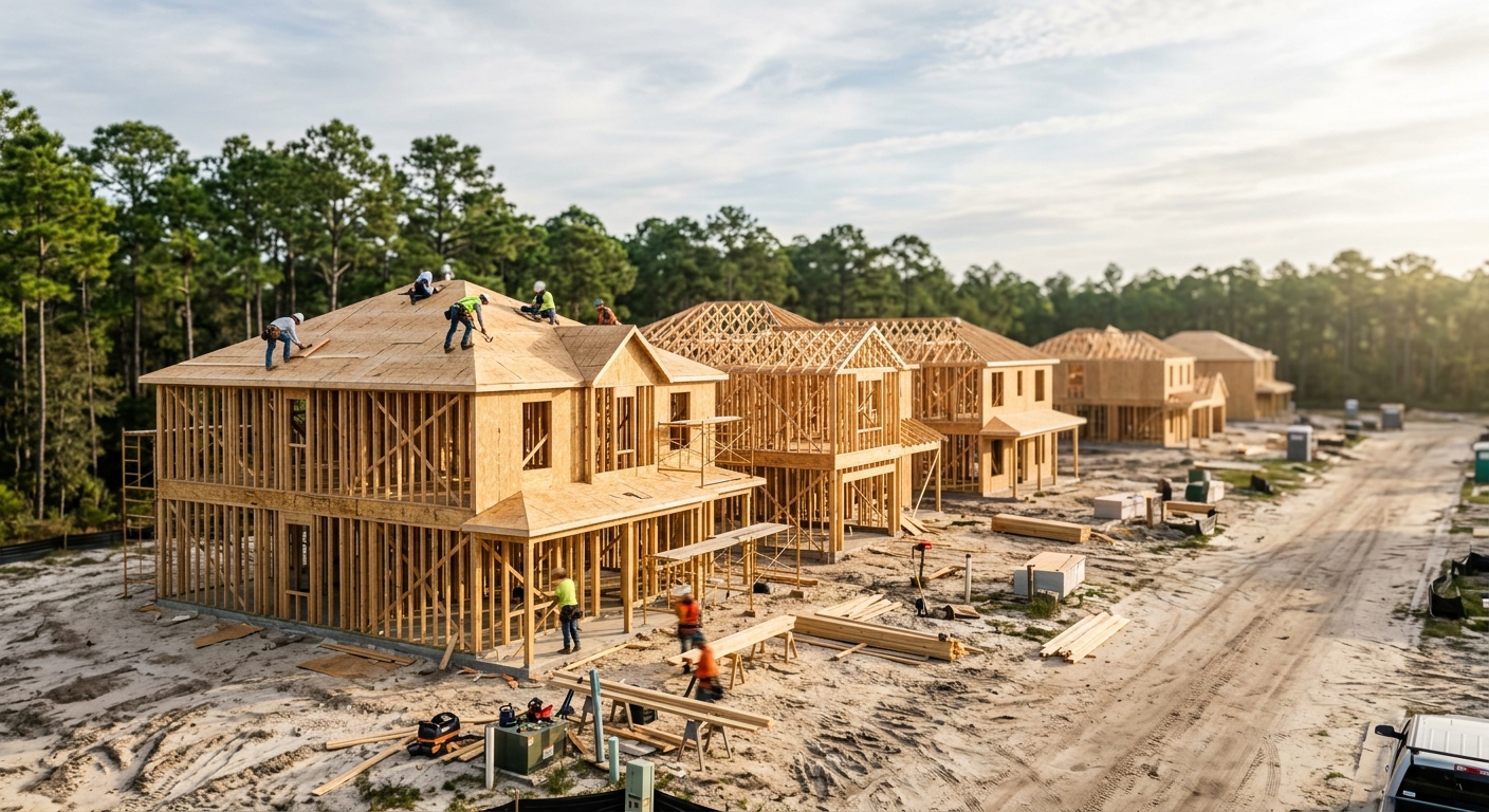 New homes under construction on a cleared lot in a coastal Northwest Florida development.