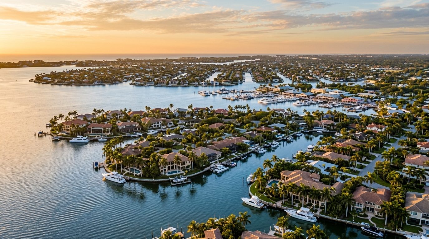 Punta Gorda, FL — Florida harbor town at with calm blue water, palm-lined shoreline, and a network of canal-front homes