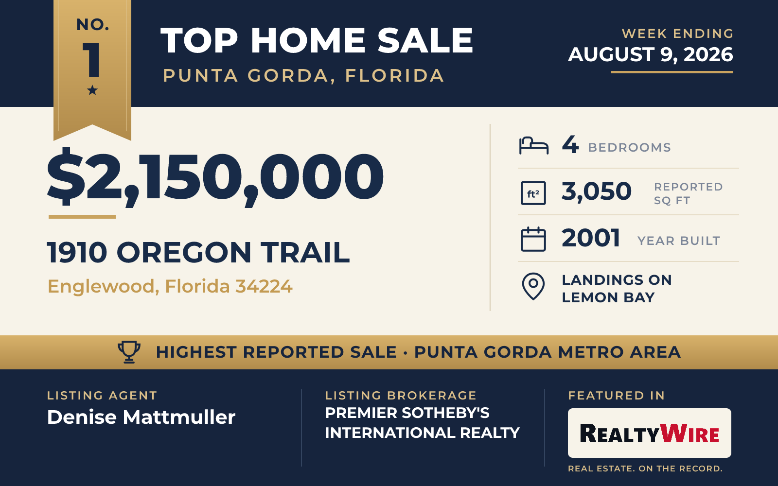 Top home sale No. 1 in the Punta Gorda, Florida metro area — 1910 OREGON TRAIL, Englewood, Florida, week ending August 9, 2026