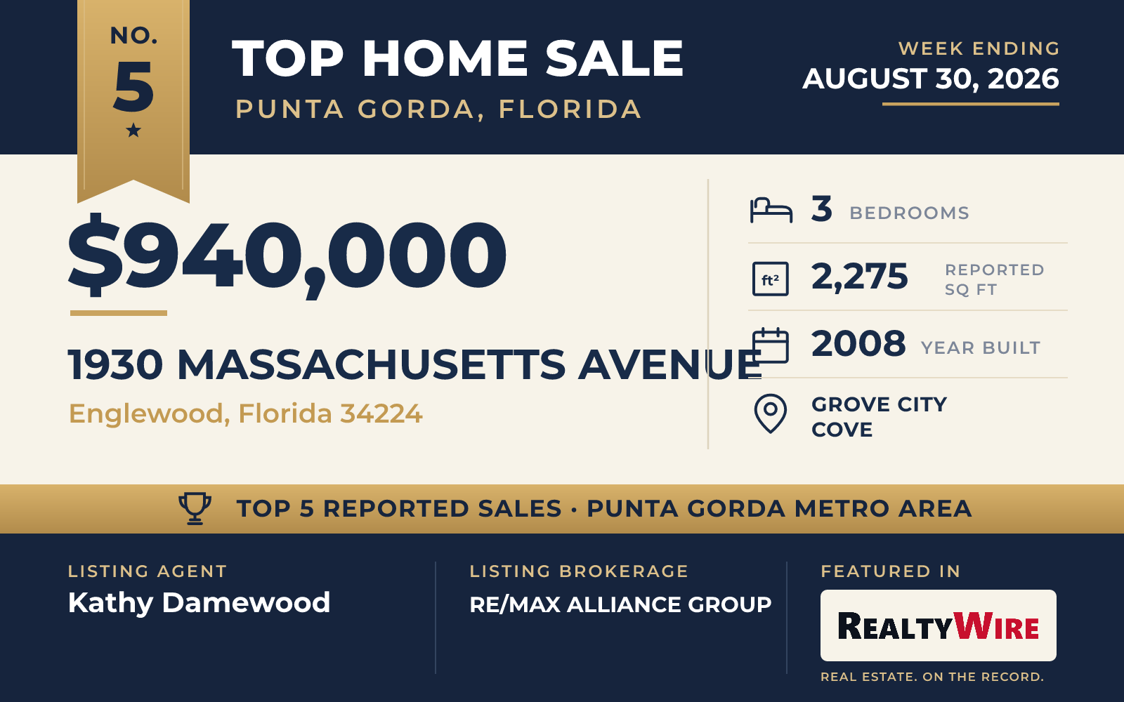Top home sale No. 5 in the Punta Gorda, Florida metro area — 1930 Massachusetts Avenue, Englewood, Florida, week ending August 30, 2026