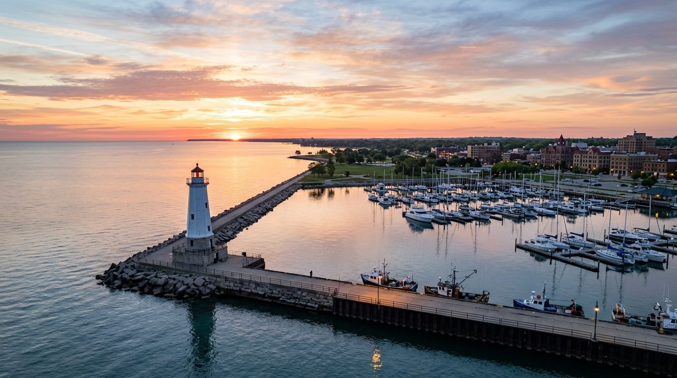 Racine, WI — Racine, Wisconsin lakefront on Lake Michigan with a historic harbor and lighthouse at sunrise, with no text