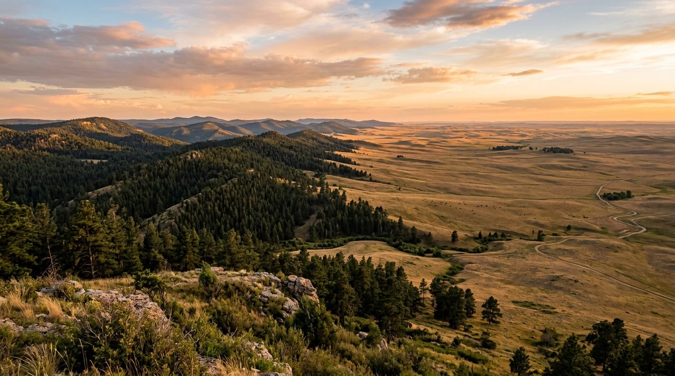 Rapid City, SD — Forested Black Hills ridgelines giving way to open high-plains grassland at light, with no text or people