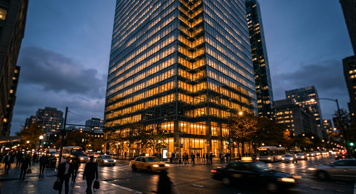 A modern glass corporate office tower photographed from street level at dusk in a downtown business district.