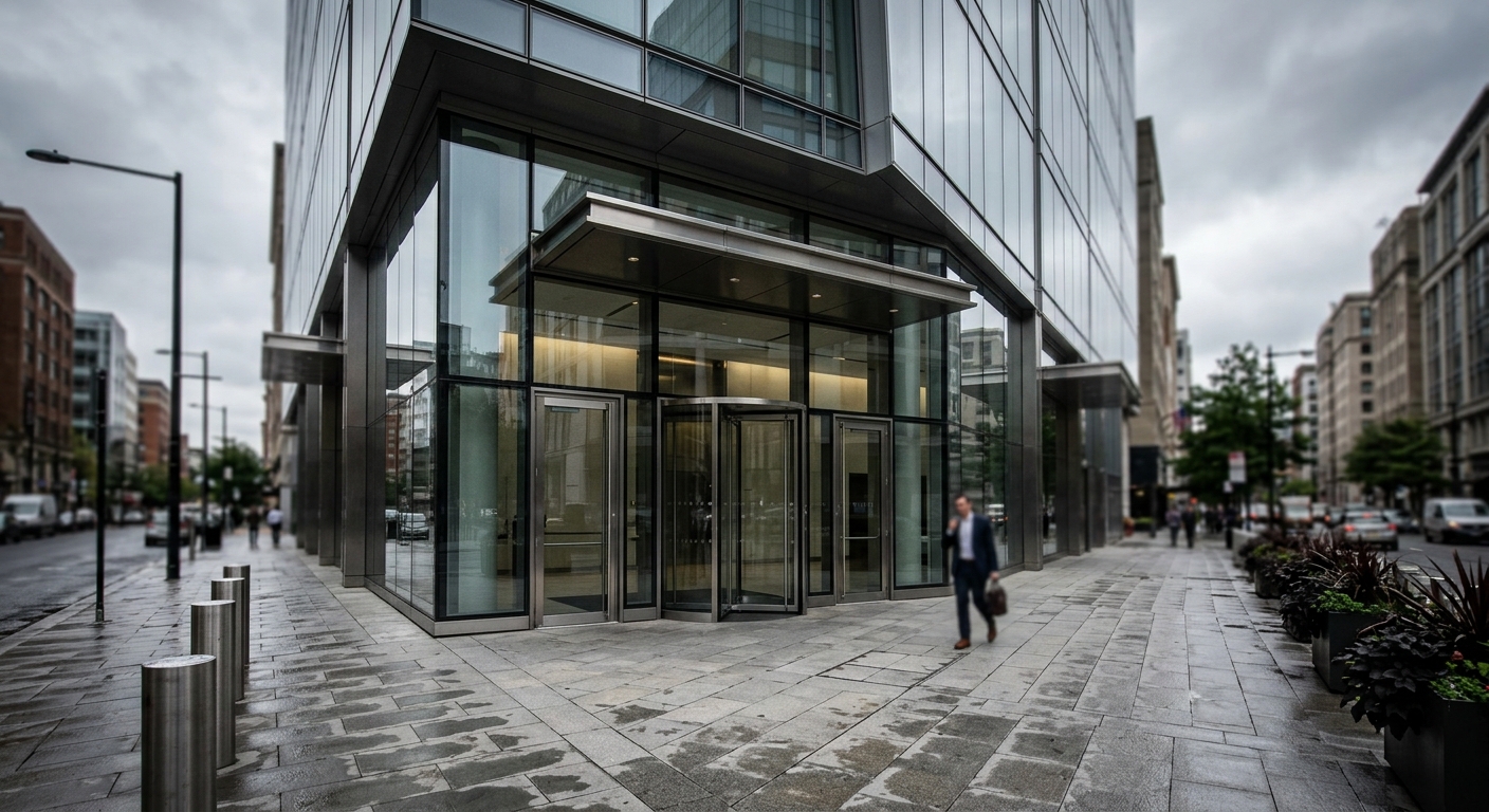 A modern glass corporate office building entrance seen from the sidewalk on an overcast day.