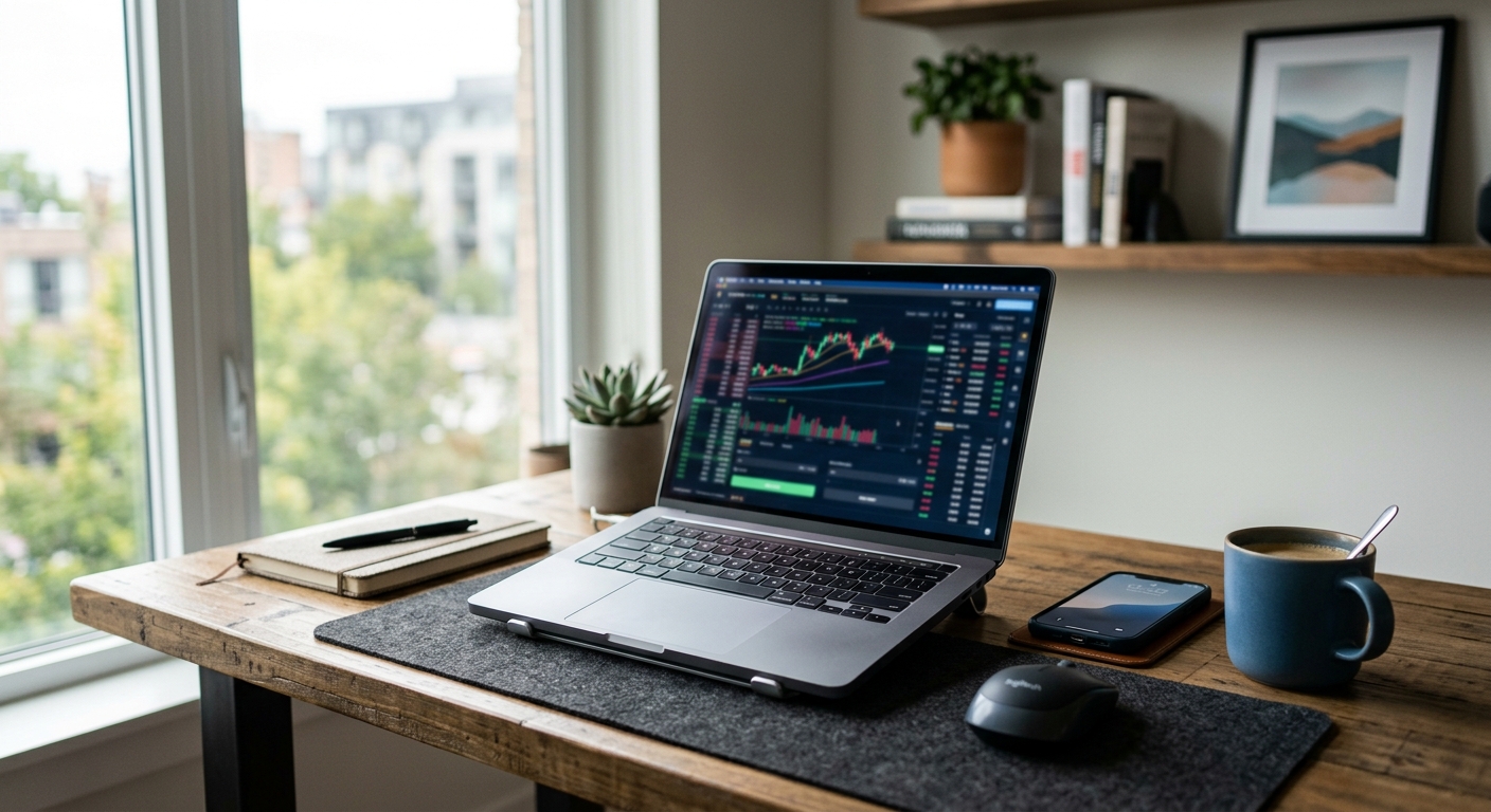 A laptop and smartphone on a desk in a softly lit home office, suggesting online mortgage and lending technology.