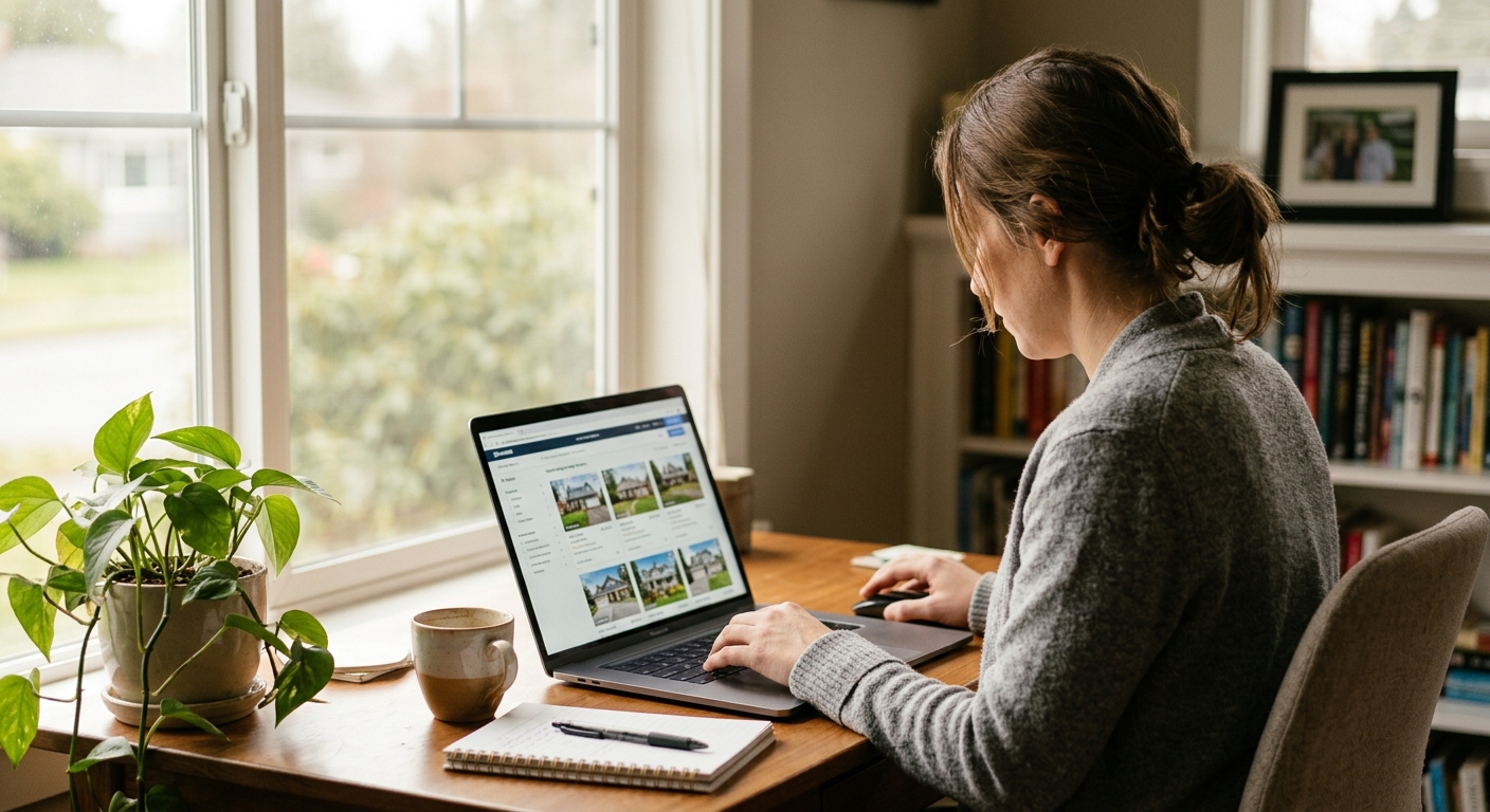 A person browses real estate listings online, illustrating the shift toward higher-value digital leads in the real estate portal business.