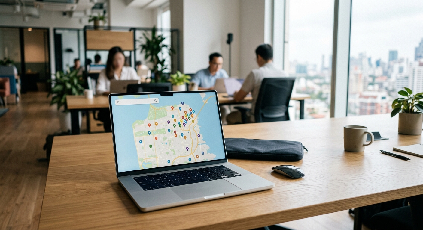 A laptop showing a real estate listings map interface on an office desk.