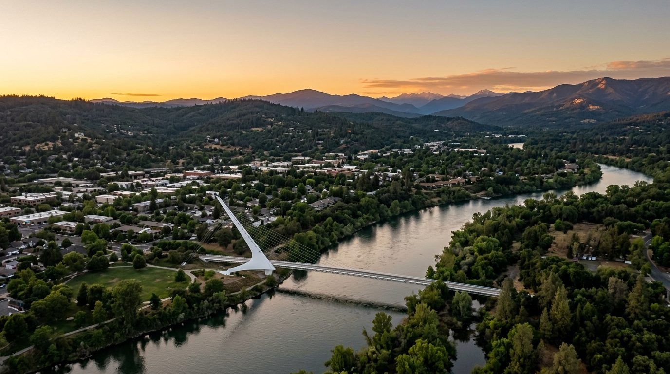 Redding, CA — Redding, California at sunset, showing a river with a distinctive pedestrian bridge and forested foothills
