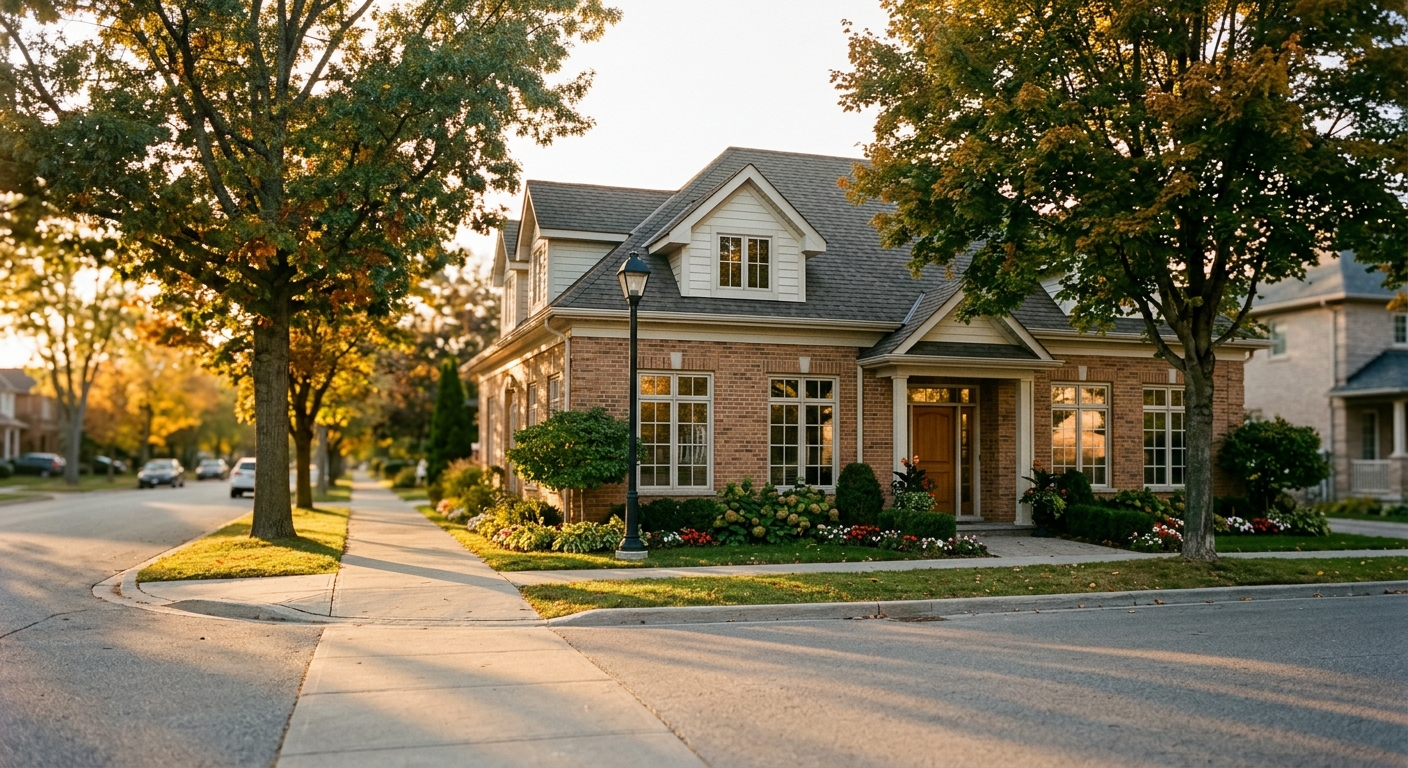 A low-rise suburban real estate brokerage office building photographed from the street at golden hour.