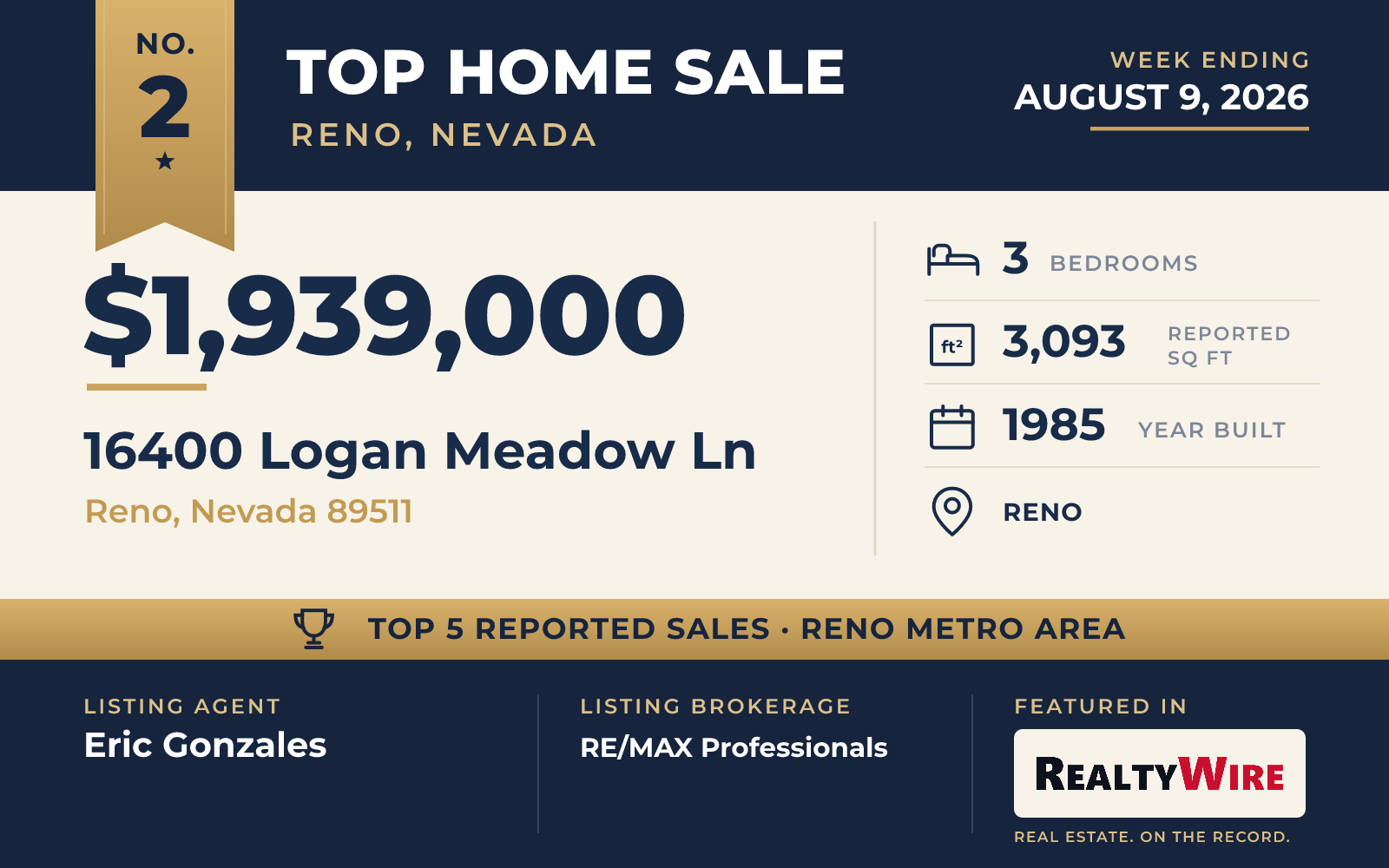 Top home sale No. 2 in the Reno, Nevada metro area β 16400 Logan Meadow Ln, Reno, Nevada, week ending August 9, 2026