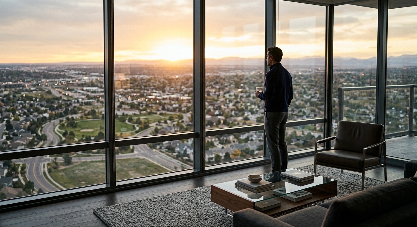 A luxury penthouse living room with floor-to-ceiling windows overlooking a suburban skyline at golden hour.