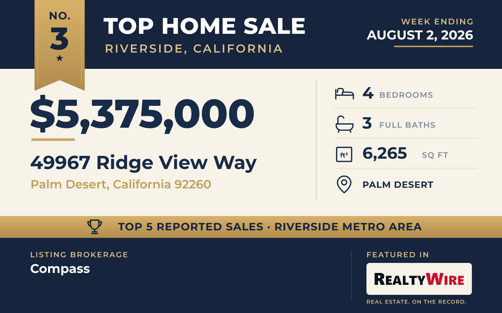 Top home sale No. 3 in the Riverside, California metro area β 49967 Ridge View Way, Palm Desert, California, week ending August 2, 2026