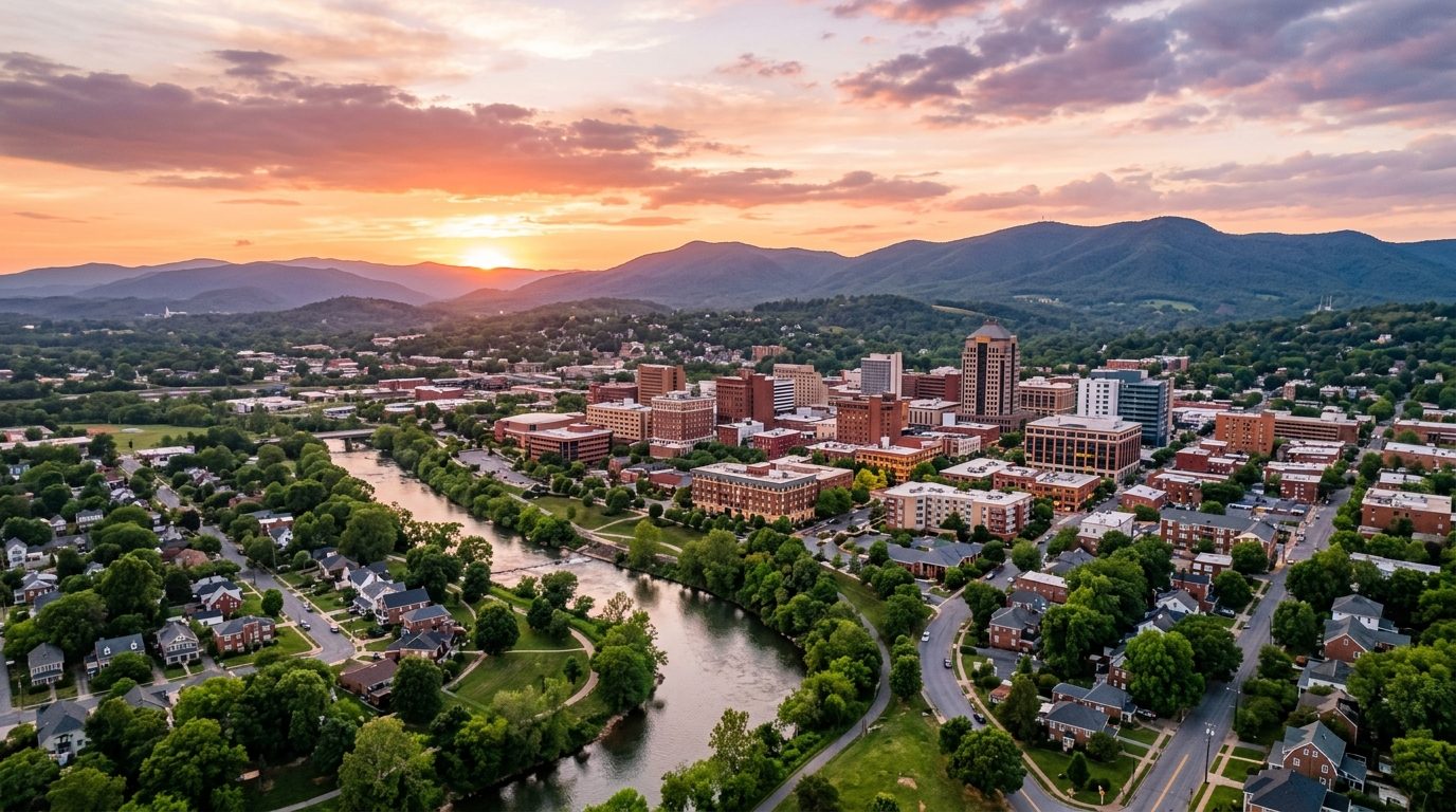 Roanoke, VA — Roanoke Valley in Virginia at sunset, with the Blue Ridge Mountains rising behind a mix of historic downtown