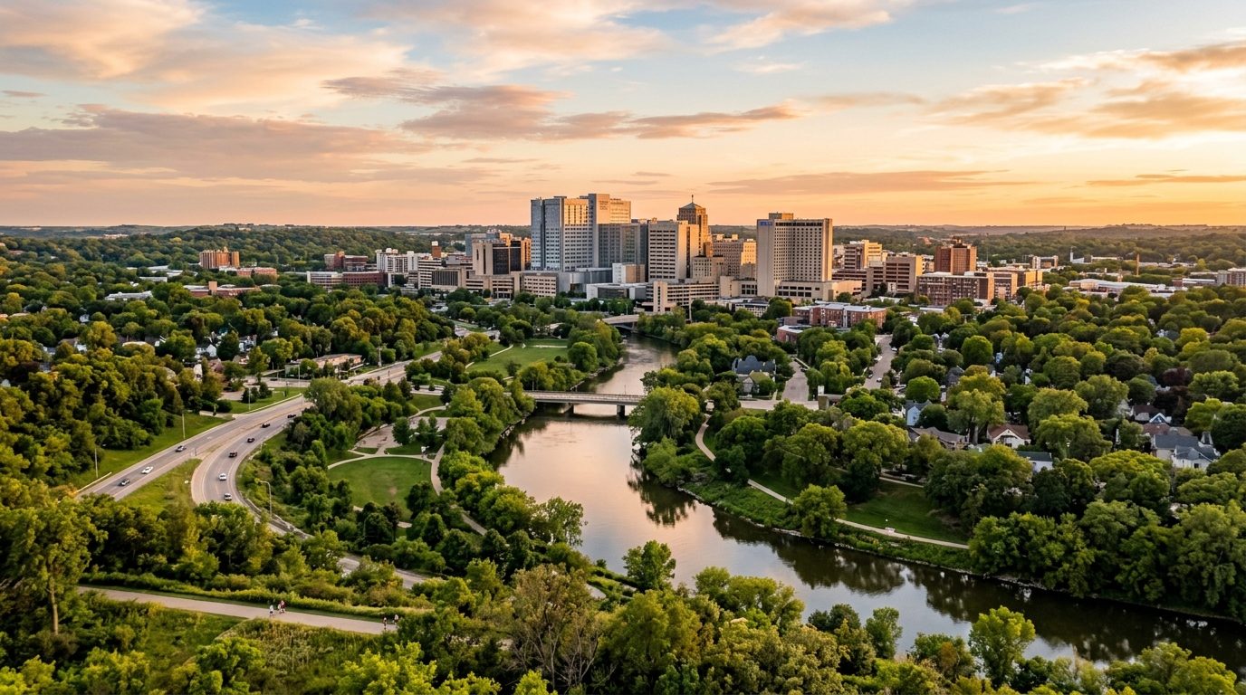 Rochester, MN — Rochester, Minnesota skyline at showing downtown medical-district towers rising above the Zumbro River bluffs