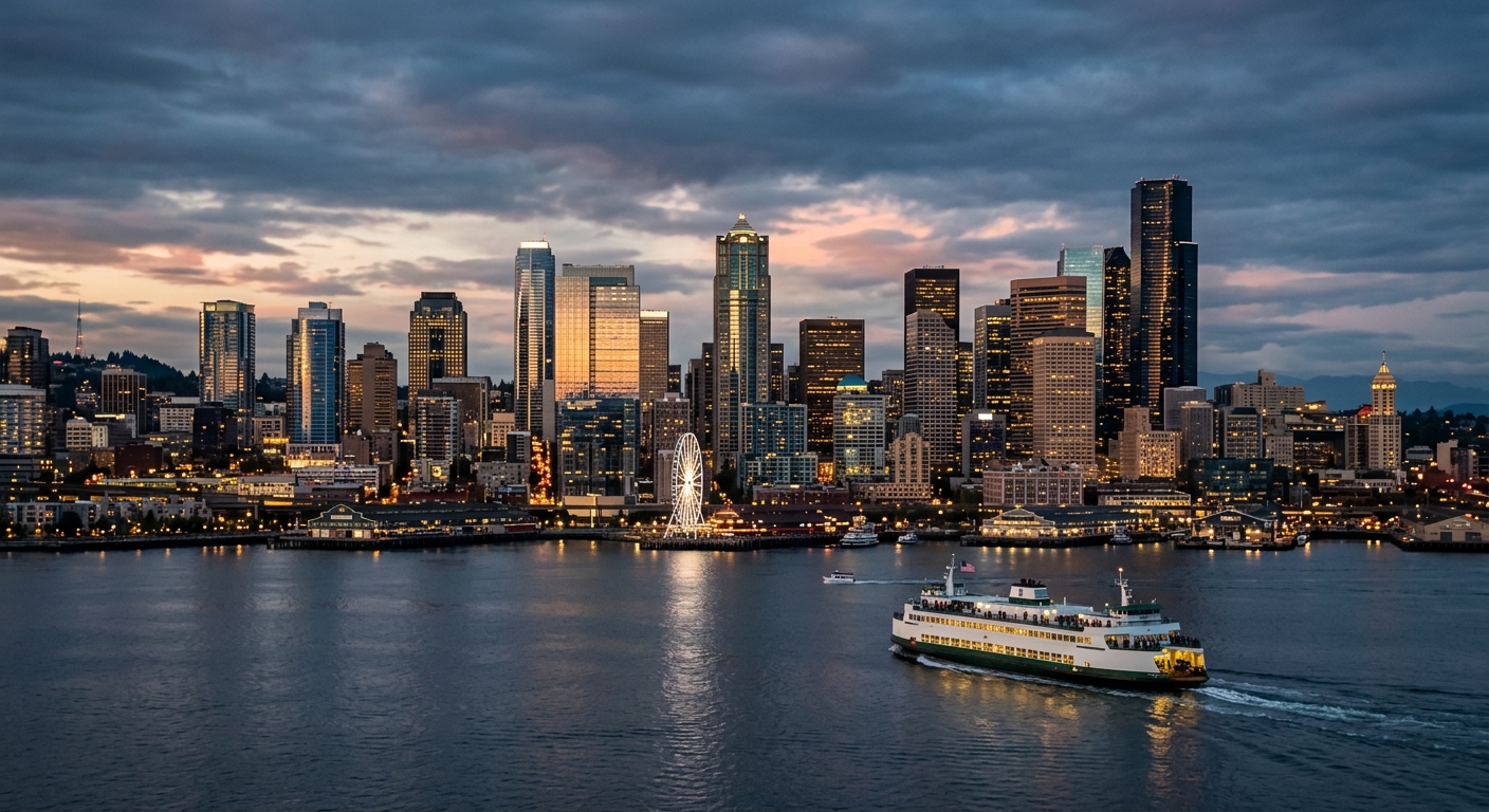 The Seattle skyline at dusk with modern glass office towers seen across the water.