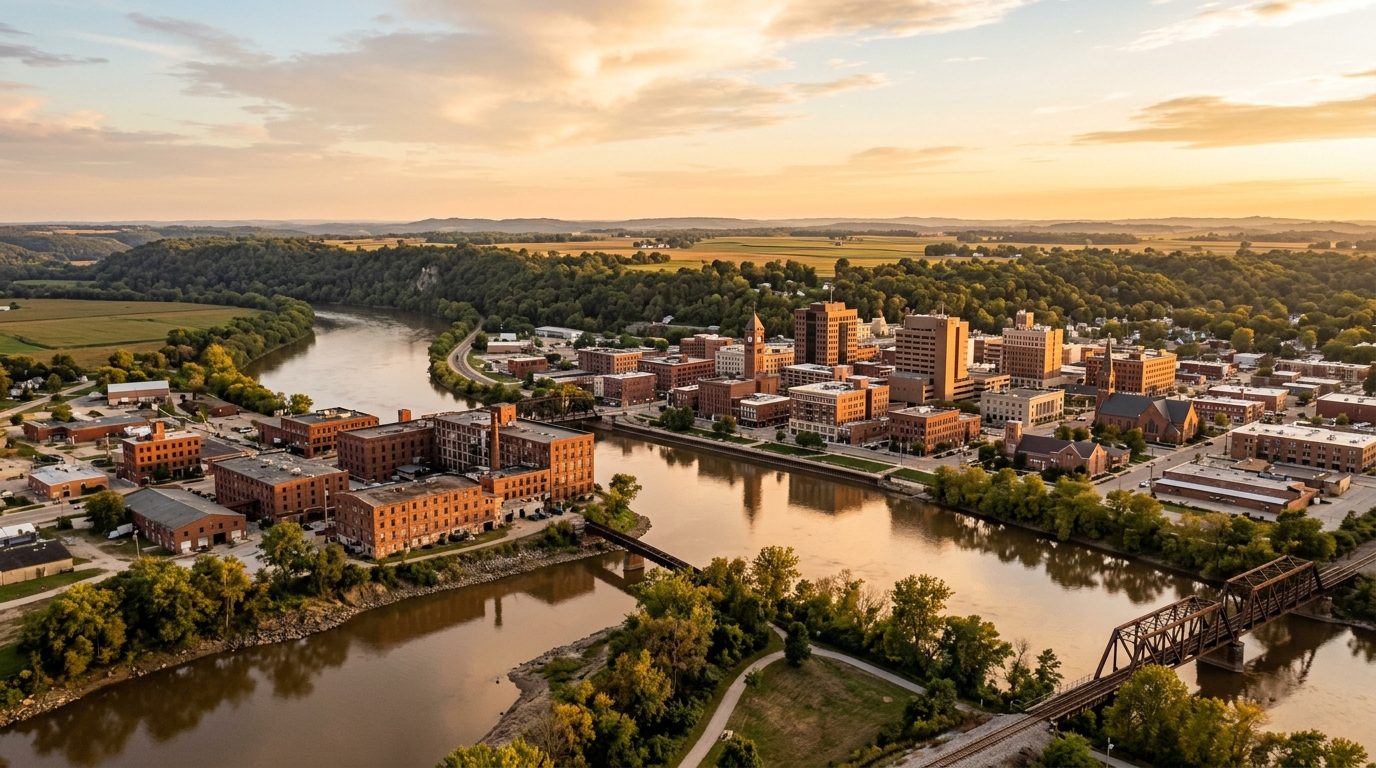Rockford, IL — Mid-sized Midwestern river city at with a slow brown river winding past brick industrial buildings, a low