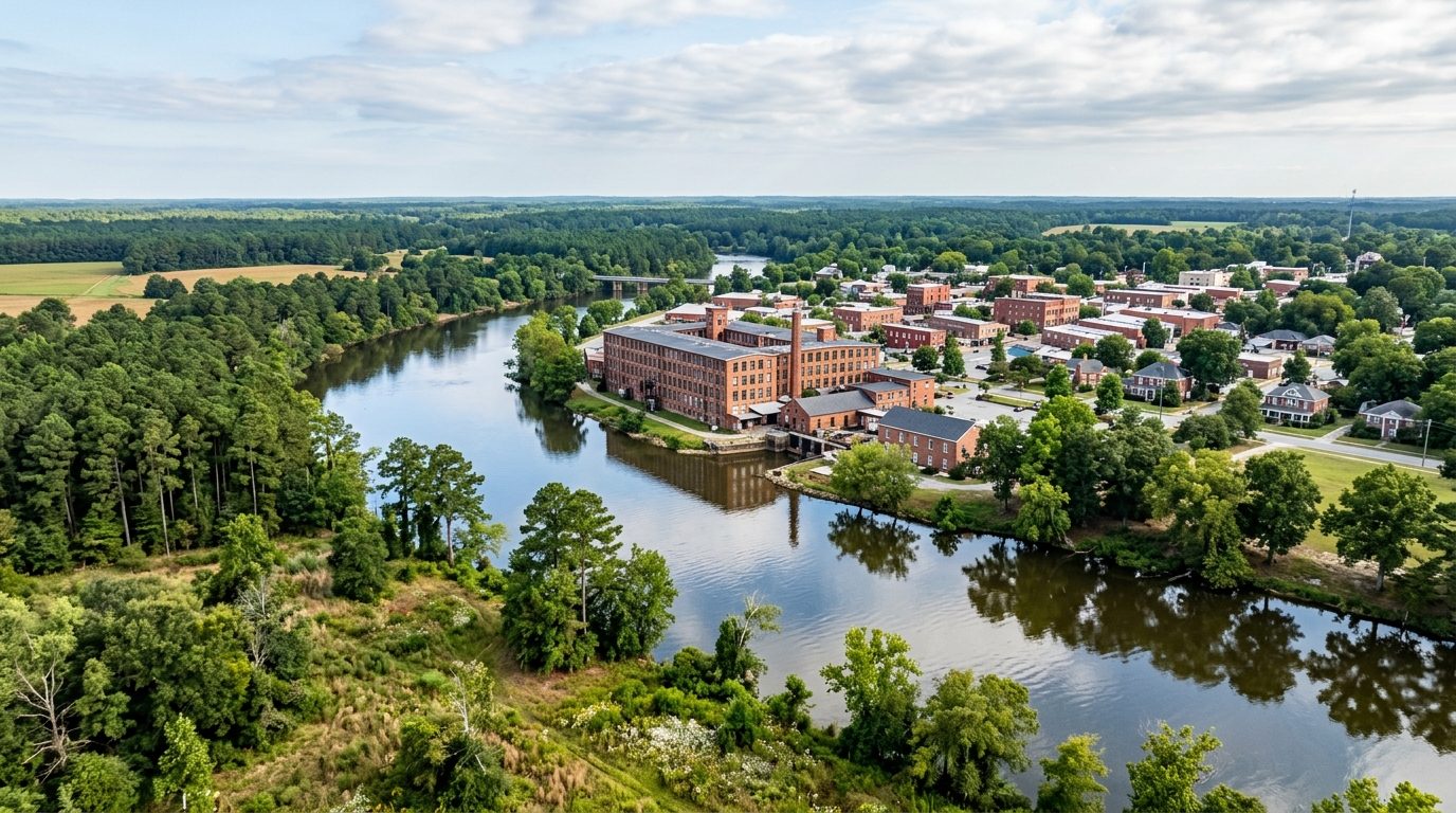 Rocky Mount, NC — Tar River winding past a small eastern North Carolina city skyline with a historic red-brick mill building