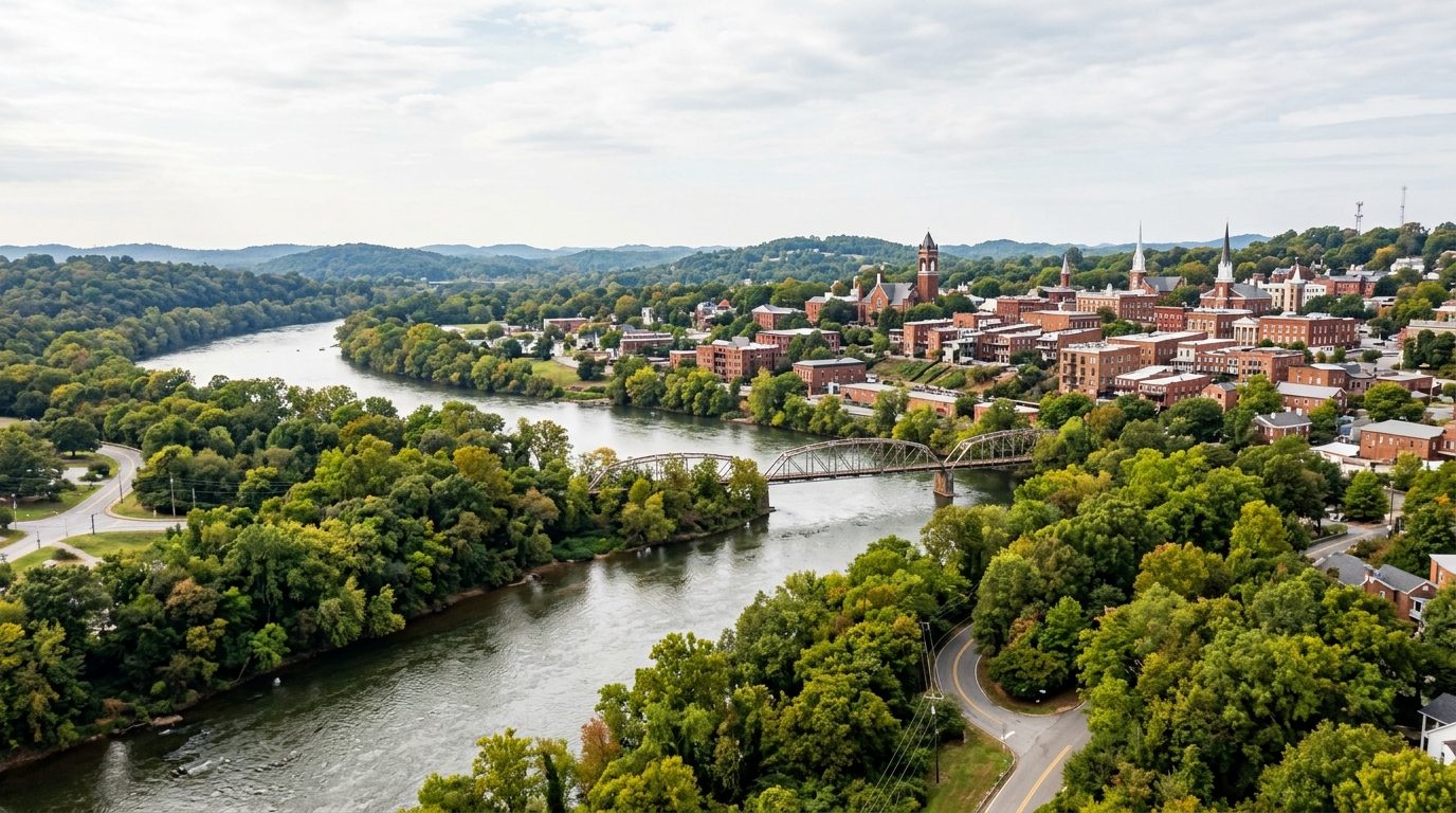 Rome, GA — Rome, Georgia at the confluence of two tree-lined rivers merging beneath a hillside skyline of historic brick