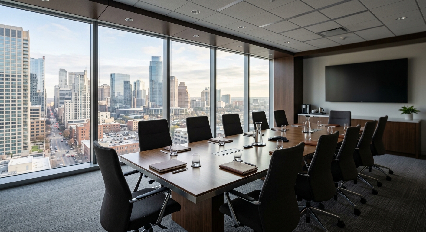 A modern corporate conference room with floor-to-ceiling windows overlooking a city skyline.