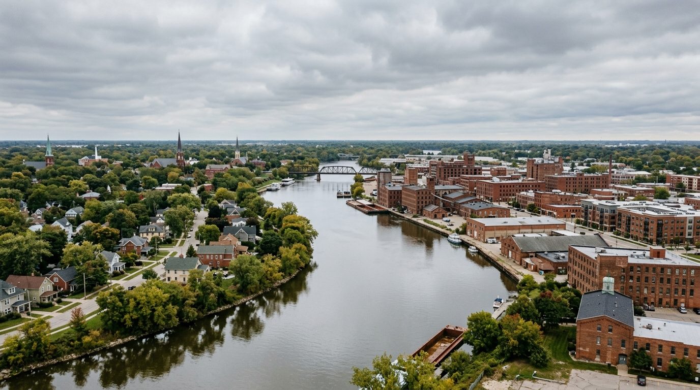 Saginaw, MI — Saginaw River winding through a flat Michigan river valley lined with historic brick riverfront buildings,