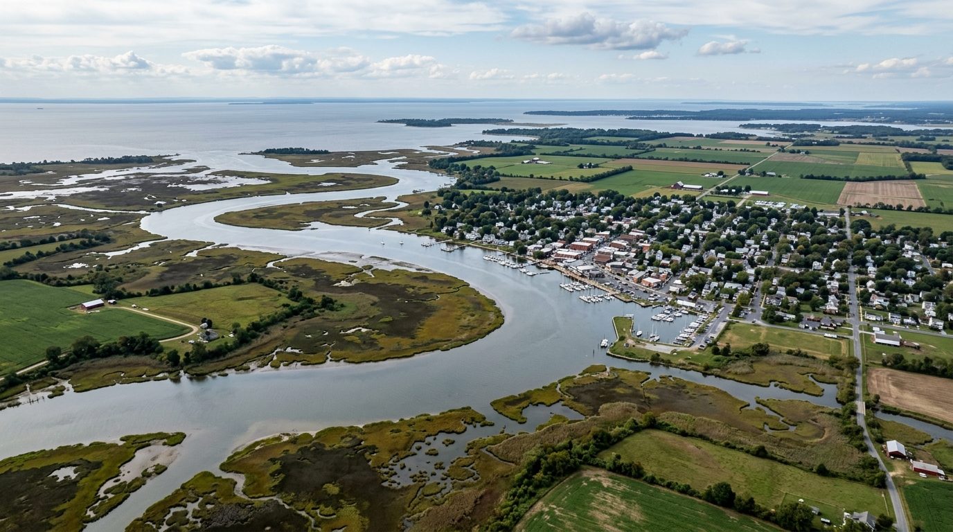 Salisbury, MD — Flat, low-lying Eastern Shore landscape with a winding tidal river, marshland, farm fields, and a small