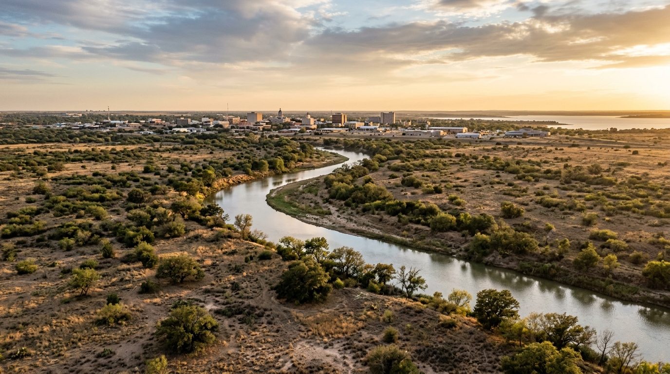 San Angelo, TX — Concho River winding through flat west Texas plains at with a low-rise city skyline, mesquite-dotted