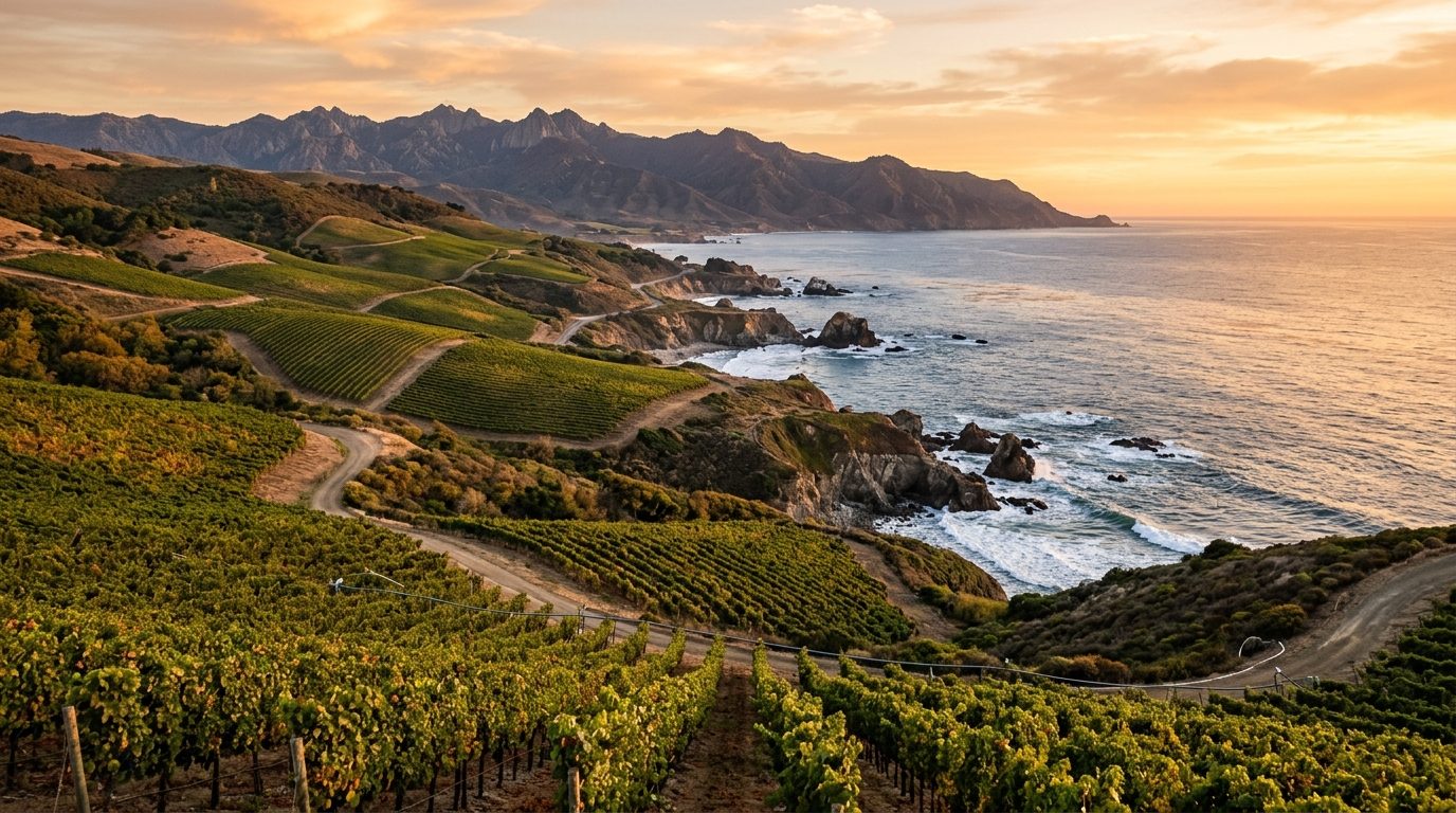 San Luis Obispo, CA — California's Central Coast at showing rolling vineyard hills descending toward a rocky Pacific shoreline with