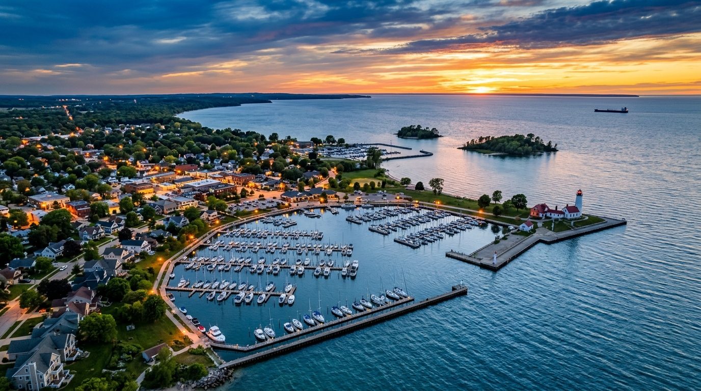 Sandusky, OH — Great Lakes harbor town with a marina, a lighthouse on a peninsula, and small islands visible on the water at